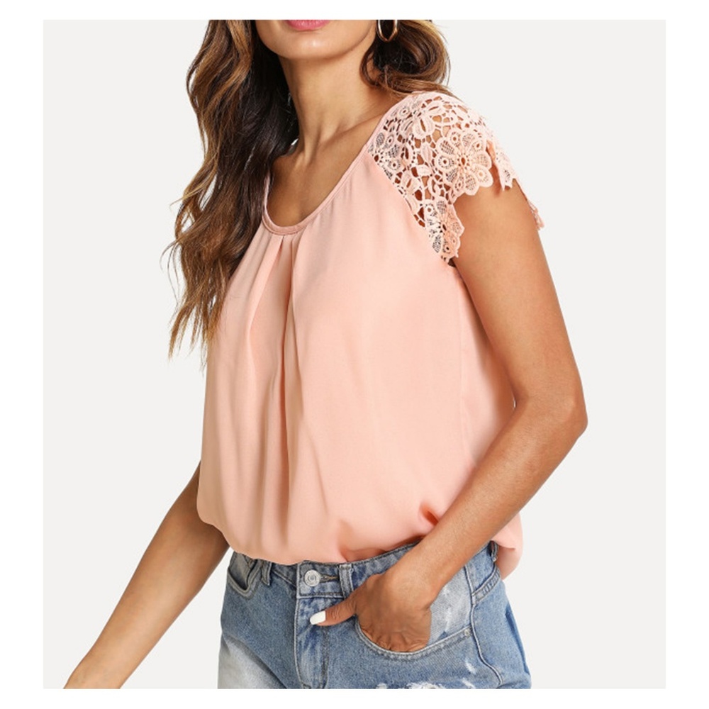 Pink Short Sleeve Floral Lace Blouse Top - Picture 2 of 5